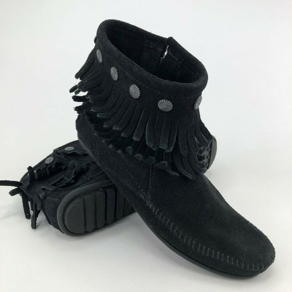 black fringe moccasin boots
